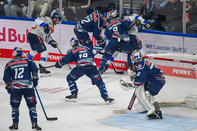 October 9, 2026, Munich, Germany PENNY DEL, German Ice Hockey League, 2026–27 season, Matchday 7: EHC Red Bull Munich vs. ERC Ingolstadt at SAP Garden in Munich – View from behind the net