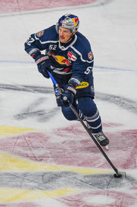October 9, 2026, Munich, Germany PENNY DEL, German Ice Hockey League, 2026–27 season, Matchday 7: EHC Red Bull Munich vs. ERC Ingolstadt at SAP Garden in Munich; Patrick Hager of EHC Red Bull Munich on the puck, with the puck, in possession of the puck