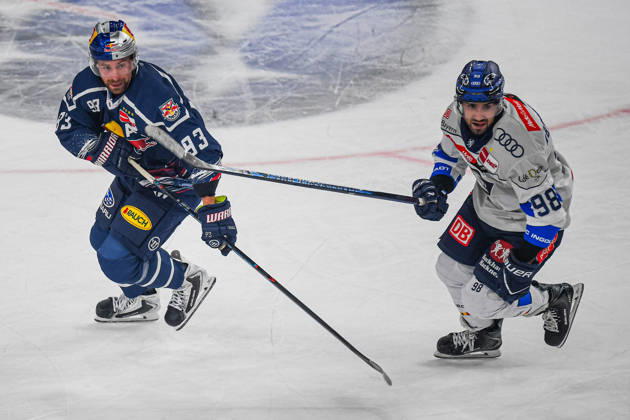 October 9, 2026, Munich, Germany PENNY DEL, German Ice Hockey League, 2026–27 season, Matchday 7: EHC Red Bull Munich vs. ERC Ingolstadt at SAP Garden in Munich Maximilian Kastner of EHC Red Bull Munich looks pensive, serious, and focused alongside Peter Abbandonato of ERC Ingolstadt