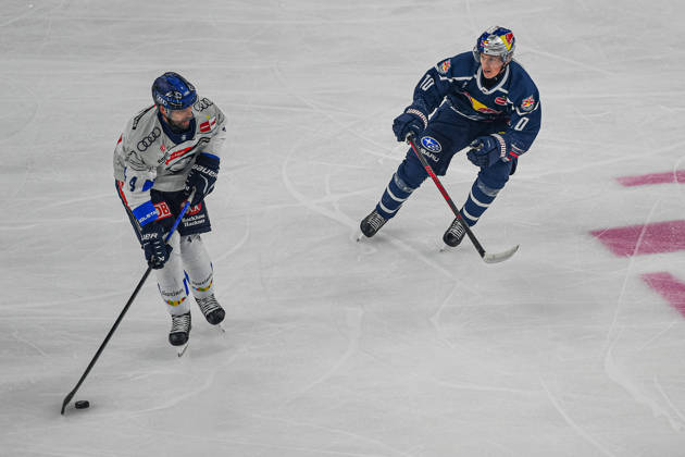 October 9, 2026, Munich, Germany PENNY DEL, German Ice Hockey League, 2026–27 season, Matchday 7: EHC Red Bull Munich vs. ERC Ingolstadt at SAP Garden in Munich; Elis Hede of EHC Red Bull Munich looks pensive, serious, and focused alongside Morgan Ellis of ERC Ingolstadt