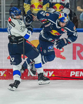 October 9, 2026, Munich, Germany PENNY DEL, German Ice Hockey League, 2026–27 season, Matchday 7: EHC Red Bull Munich vs. ERC Ingolstadt at SAP Garden in Munich. Lucas Thaler of EHC Red Bull Munich falls right away.