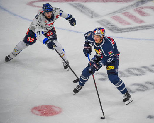 October 9, 2026, Munich, Germany PENNY DEL, German Ice Hockey League, 2026–27 season, Matchday 7: EHC Red Bull Munich vs. ERC Ingolstadt at SAP Garden in Munich; Patrick Hager of EHC Red Bull Munich on the puck, with the puck, in possession of the puck