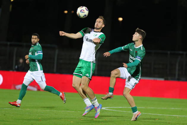 October 9, 2026, Soccer, Men s, Bavarian Regional League, 2026–2027 Season, Matchday 13: FC Schweinfurt 05 vs. SC Eltersdorf. From left: Manfred Strobel (SC Eltersdorf), No. 7 against Lauris Bausenwein (FC Schweinfurt 05), No. 21. Schweinfurt, Riedel Bau Arena at Sachs Stadio, Bavaria, Lower Franconia, Germany