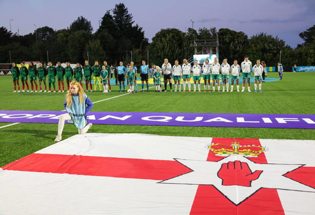 2027 FIFA Women s World Cup Round One Qualifying Play-off First Leg, Inver Park, Larne 9 10 2026 Northern Ireland vs Portugal A view of both teams during the anthems A view of both teams during the anthems 9 10 2026  Copyright: xx N Ireland v Portugal_028