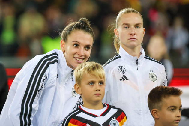 Karlsruhe, Germany, October 9, 2026 International Friendly Match: Germany Women vs. Australia Women Pictured, from left: Goalkeeper Ena Mahmutovic (Germany) and Janina Minge (Germany) Copyright: HMBxMedia MadeleinexFantini