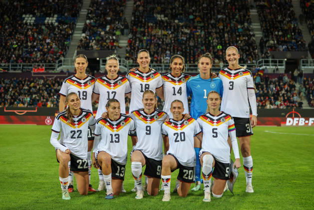Karlsruhe, Germany, October 9, 2026 International Friendly Match: Germany Women vs. Australia Women. Pictured: Team photo of the DFB Women’s starting lineup. From left to right, top row: Klara Bühl (Buehl), Germany; Franziska Kett, Germany; Melissa Kössler (Koessler), Germany; Cora Zicai, Germany; goalkeeper Ena Mahmutovic, Germany; and Camilla Küver (Kuever), Germany; bottom row, from left: Jule Brand, Germany; Carlotta Wamser, Germany; Sjoeke Nüsken (Nuesken), Germany; Elisa Senß (Senss), Germany; and Janina Minge, Germany Copyright: HMBxMedia MadeleinexFantini