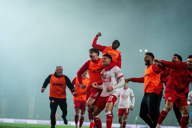 October 9, 2026, 3rd Division, Matchday 8, SC Preußen Münster vs. Rot-Weiss Essen at the LVM Preußenstadion. Goal for the 2–3 by Semir Telalovic; Essen celebrating here with the team. IMPORTANT NOTICE: In accordance with DFB and DFL regulations, it is prohibited to use or allow the use of photographs taken in the stadium and or during the game in the form of sequential images and or video-like photo series Copyright: xJordyxFourgonx