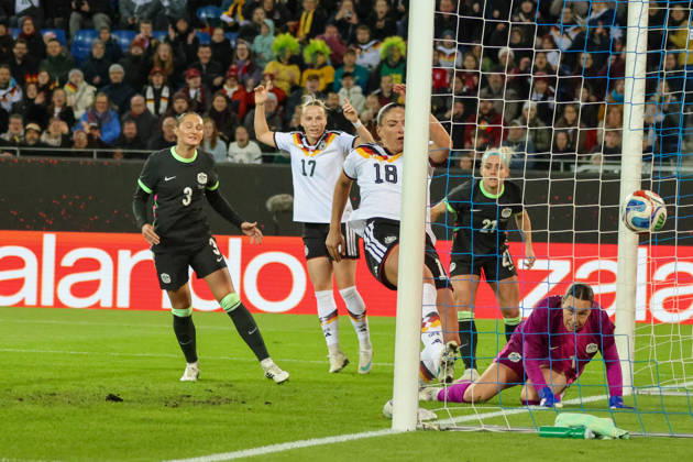 Karlsruhe, Germany, October 9, 2026 International Friendly Match: Germany Women vs. Australia Women. Pictured: Goal scorer Melissa Kössler (Koessler) scores the goal to make it 1–0 for Germany. Copyright: HMBxMedia MadeleinexFantini