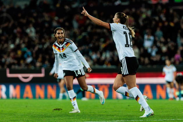 KARLSRUHE, GERMANY - OCTOBER 09: Melissa Koessler (Kössler, Germany, 18) celebrates scoring the 2:0 goal during the International Friendly, Länderspiel, Nationalmannschaft match between Germany vs. Australia at BBBank Wildpark on October 09, 2026 in Karlsruhe, Germany. Germany Copyright: xSteffiexWunderlx