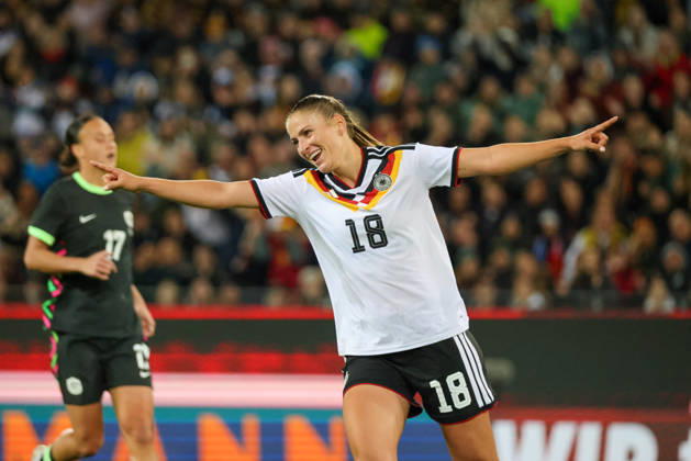 Karlsruhe, Germany, October 9, 2026 International Friendly Match: Germany Women vs. Australia Women. Pictured: Goal scorer Melissa Kössler (Koessler) of Germany scores the goal to make it 2–0 for Germany and celebrates. Copyright: HMBxMedia MadeleinexFantini