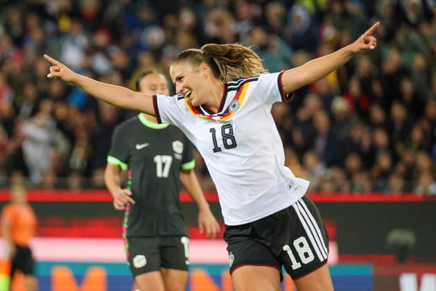 Karlsruhe, Germany, October 9, 2026 International Friendly Match: Germany Women vs. Australia Women. Pictured: Goal scorer Melissa Kössler (Koessler) of Germany scores the goal to make it 2–0 for Germany and celebrates. Copyright: HMBxMedia MadeleinexFantini