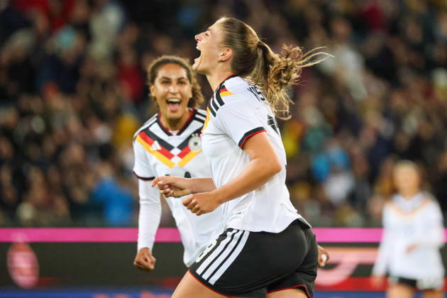 Karlsruhe, Germany, October 9, 2026 International Friendly Match: Germany Women vs. Australia Women. Pictured: Goal scorer Melissa Kössler (Koessler) of Germany scores the goal to make it 2–0 for Germany and celebrates. Copyright: HMBxMedia MadeleinexFantini
