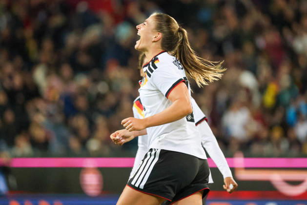 Karlsruhe, Germany, October 9, 2026 International Friendly Match: Germany Women vs. Australia Women. Pictured: Goal scorer Melissa Kössler (Koessler) of Germany scores the goal to make it 2–0 for Germany and celebrates. Copyright: HMBxMedia MadeleinexFantini