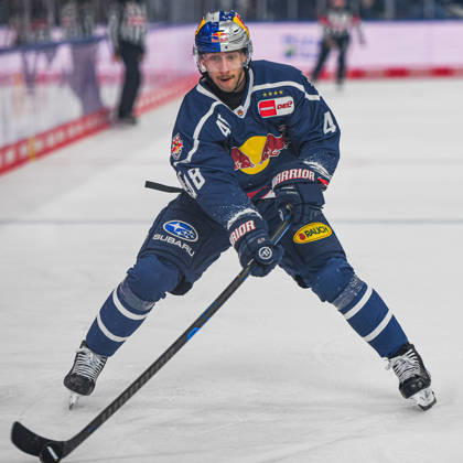 October 9, 2026, Munich, Germany PENNY DEL, German Ice Hockey League, 2026–27 season, Matchday 7: EHC Red Bull Munich vs. ERC Ingolstadt at SAP Garden in Munich Lucas Thaler of EHC Red Bull Munich on the puck, with the puck, in possession of the puck
