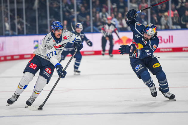 October 9, 2026, Munich, Germany PENNY DEL, German Ice Hockey League, 2026–27 season, Matchday 7: EHC Red Bull Munich vs. ERC Ingolstadt at SAP Garden in Munich; Taro Hirose of EHC Red Bull Munich taking a shot, aiming for the goal, and releasing the puck