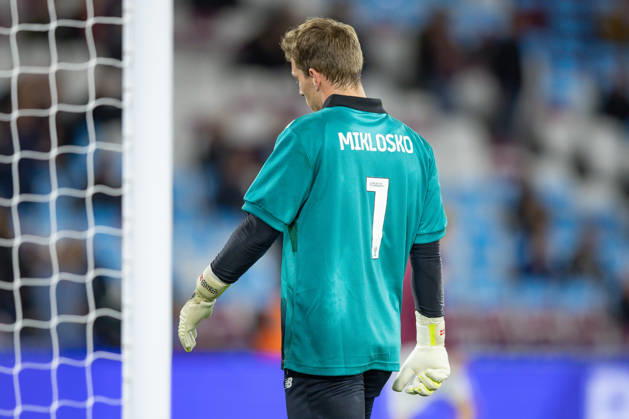 West Ham United v Queens Park Rangers, EFL Sky Bet Championship, EFL, Football, London Stadium, London, UK - 09 Oct 2026 Mads Hermansen of West Ham United wears a shirt in tribute to Ex West Ham Goalkeeper Ludek Miklosko during the pre-match warm up London London Stadium Stratford GBR, UK NEWSPAPERS OUT Copyright: xEllixBirchx