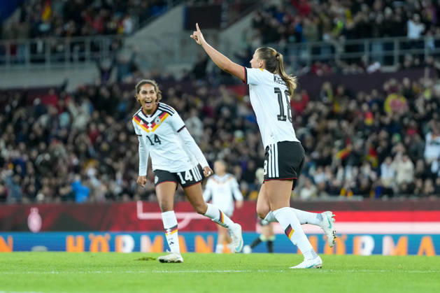Cora Zicai, Germany Women s National Team, 14, Melissa Kössler Melissa Koessler Germany Women s National Team, 18, goal celebration, emotions, shot on goal, finish, goal scored, goal, hit, Germany, soccer, international match, friendly match, exhibition match, 2026 2027, Germany vs. Australia, October 9, 2026, BBBank Wildpark, Karlsruhe, Baden-Württemberg, Germany Copyright: xArnexAmbergx
