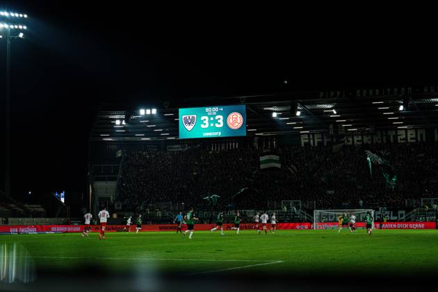 October 9, 2026, 3rd Division, Matchday 8, SC Preußen Münster vs. Rot Weiss Essen at the LVM Preußenstadion, Scoreboard 3-3 IMPORTANT NOTICE: In accordance with DFB and DFL regulations, it is prohibited to use or allow the use of photographs taken in the stadium and or during the game in the form of sequential images and or video-like photo series Copyright: xJordyxFourgonx