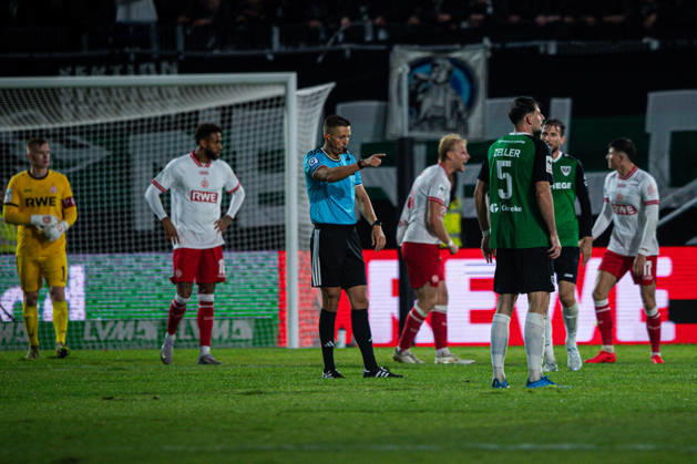 October 9, 2026, 3rd Division, Matchday 8, SC Preußen Münster vs. Rot Weiss Essen at the LVM Preußenstadion; referee blows the final whistle. IMPORTANT NOTICE: In accordance with DFB and DFL regulations, it is prohibited to use or allow the use of photographs taken in the stadium and or during the game in the form of sequential images and or video-like photo sequences Copyright: xJordyxFourgonx
