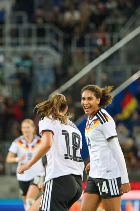 Karlsruhe, Germany, October 9, 2026 International Friendly Match: Germany Women vs. Australia Women. Pictured, from left: Goal scorer Melissa Kössler (Koessler) of Germany scores the goal to make it 2–0 for Germany and celebrates with Cora Zicai of Germany. Copyright: HMBxMedia MadeleinexFantini