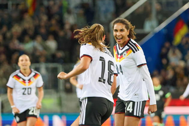 Karlsruhe, Germany, October 9, 2026 International Friendly Match: Germany Women vs. Australia Women. Pictured, from left: Goal scorer Melissa Kössler (Koessler) of Germany scores the goal to make it 2–0 for Germany and celebrates with Cora Zicai of Germany. Copyright: HMBxMedia MadeleinexFantini