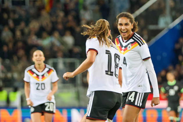 Karlsruhe, Germany, October 9, 2026 International Friendly Match: Germany Women vs. Australia Women. Pictured, from left: Goal scorer Melissa Kössler (Koessler) of Germany scores the goal to make it 2–0 for Germany and celebrates with Cora Zicai of Germany. Copyright: HMBxMedia MadeleinexFantini
