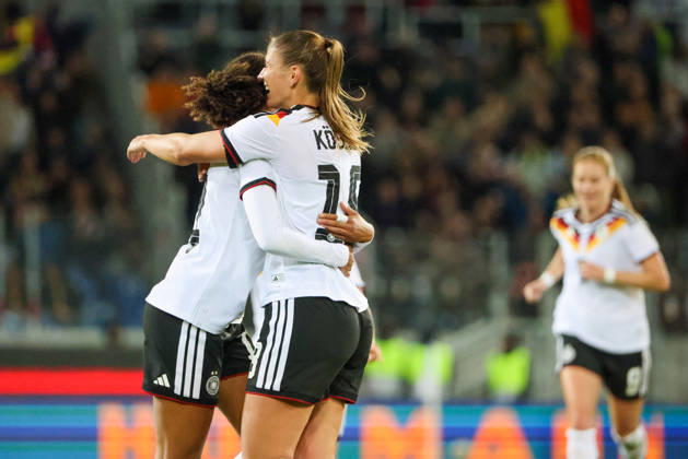 Karlsruhe, Germany, October 9, 2026 International Friendly Match: Germany Women vs. Australia Women. Pictured, from left: Melissa Kössler (Koessler), Germany’s second goal scorer, scores the goal that makes it 2–0 for Germany and celebrates with Cora Zicai, Germany. Copyright: HMBxMedia MadeleinexFantini