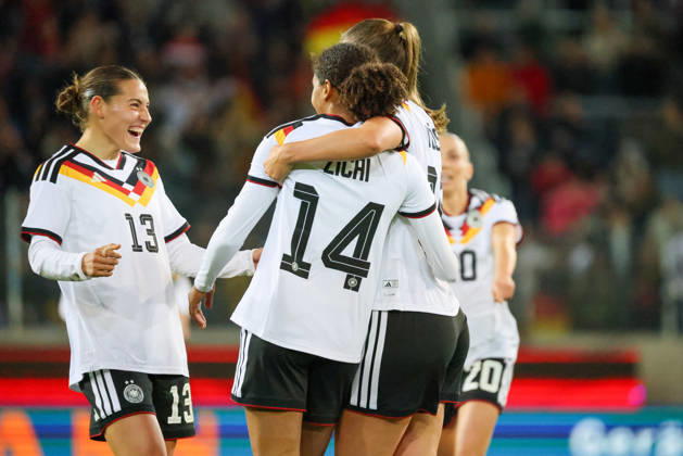 Karlsruhe, Germany, October 9, 2026 International Friendly Match: Germany Women vs. Australia Women. Pictured from left: Melissa Kössler (Koessler) of Germany, who scored the third goal, making it 2–0 for Germany, celebrates with Carlotta Wamser of Germany and Cora Zicai of Germany. Copyright: HMBxMedia MadeleinexFantini