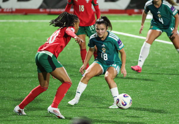2027 FIFA Women s World Cup Round One Qualifying Play-off First Leg, Inver Park, Larne 9 10 2026 Northern Ireland vs Portugal Northern Ireland™s Sarah McMaster with Portugal s JÃ Sarah McMaster with JÃ ssica Silva 9 10 2026  Copyright: xx N Ireland v Portugal_050