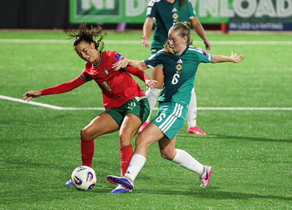 2027 FIFA Women s World Cup Round One Qualifying Play-off First Leg, Inver Park, Larne 9 10 2026 Northern Ireland vs Portugal Northern Ireland™s Aimee Kerr with Portugal s Carolina Correia Aimee Kerr with Carolina Correia 9 10 2026  Copyright: xx N Ireland v Portugal_051
