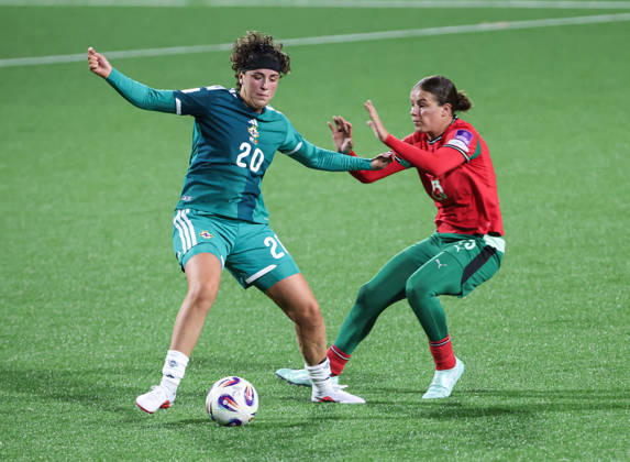 2027 FIFA Women s World Cup Round One Qualifying Play-off First Leg, Inver Park, Larne 9 10 2026 Northern Ireland vs Portugal Northern Ireland™s Fionnuala Morgan with Portugal s Telma Encarnaca Fionnuala Morgan with Telma Encarnaca 9 10 2026  Copyright: xx N Ireland v Portugal_052