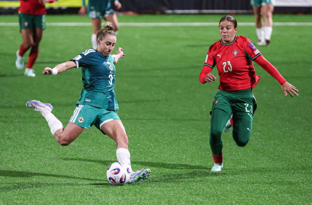 2027 FIFA Women s World Cup Round One Qualifying Play-off First Leg, Inver Park, Larne 9 10 2026 Northern Ireland vs Portugal Northern Ireland™s Natalie Johnson with Portugal s Telma Encarnaca Natalie Johnson with Telma Encarnaca 9 10 2026  Copyright: xx N Ireland v Portugal_055