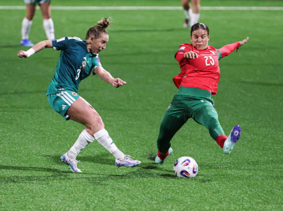 2027 FIFA Women s World Cup Round One Qualifying Play-off First Leg, Inver Park, Larne 9 10 2026 Northern Ireland vs Portugal Northern Ireland™s Natalie Johnson with Portugal s Telma Encarnaca Natalie Johnson with Telma Encarnaca 9 10 2026  Copyright: xx N Ireland v Portugal_056