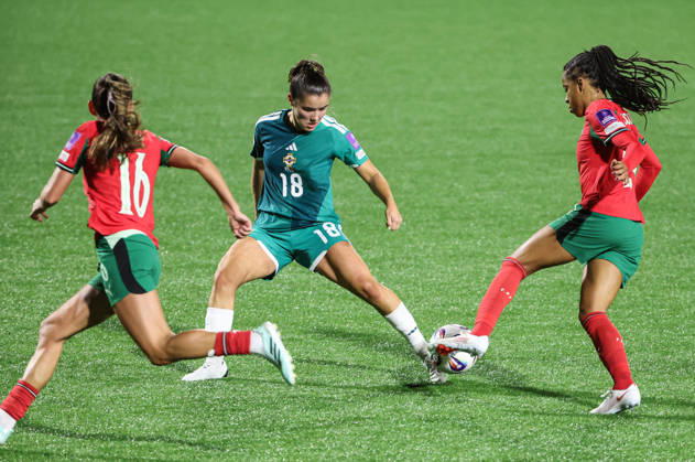 2027 FIFA Women s World Cup Round One Qualifying Play-off First Leg, Inver Park, Larne 9 10 2026 Northern Ireland vs Portugal Northern Ireland™s Sarah McMaster with Portugal s JÃ Sarah McMaster with JÃ ssica Silva 9 10 2026  Copyright: xx N Ireland v Portugal_061