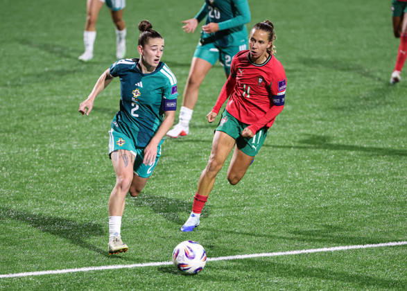 2027 FIFA Women s World Cup Round One Qualifying Play-off First Leg, Inver Park, Larne 9 10 2026 Northern Ireland vs Portugal Northern Ireland™s Rebecca McKenna with Portugal s Tatiana Pinto Rebecca McKenna with Tatiana Pinto 9 10 2026  Copyright: xx N Ireland v Portugal_064