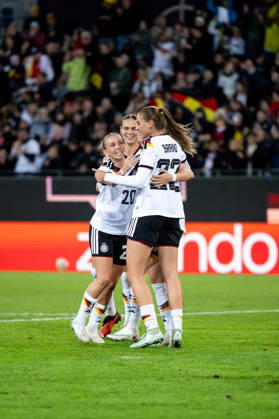 October 9, 2026, GER, Soccer, Women s, International Match, Karlsruhe, Germany vs. Australia: Elisa Senß (Germany, 20), Klara Bühl (Germany, 19), and Jule Brand (Germany, 22) celebrate the goal that made it 1–0. Karlsruhe BBBank Wildpark, Baden-Württemberg, Germany Copyright: xNordphoto Memmlerx