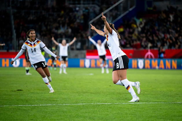 October 9, 2026, GER, Soccer, Women s, International Match, Karlsruhe, Germany vs. Australia: Melissa Kössler (Germany, 18) and Cora Zicai (Germany, 14) celebrate the goal that made it 2–0. Karlsruhe BBBank Wildpark, Baden-Württemberg, Germany Copyright: xNordphoto Memmlerx