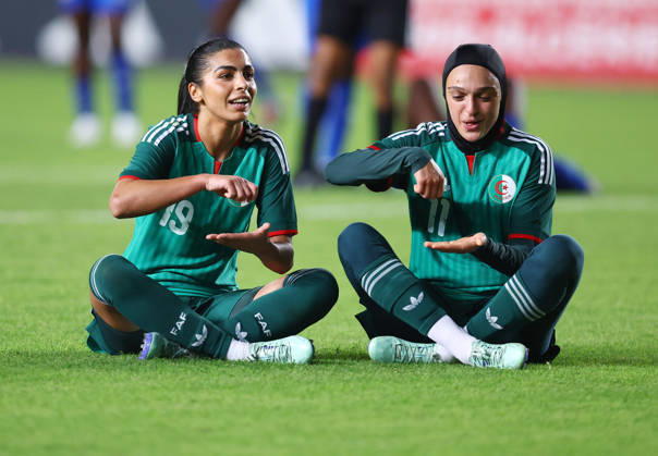 Algerie vs Republique centrafricaine feminine (Qualifications JO Bahlouli Nesrine Jamila (L) Boussaha Lina (R), Joueuse d Algerie celebre le Bute contre Republique centrafricaine, lors du match Algerie contre Republique centrafricaine feminine, Qualifications JO Los Angeles 2028, au Stade de 5 Juillet a Alger, en Algerie, le 09 Octobre 2026 (Photo By Billel Bensalem APPImages) Alger Algerie Copyright: xAlgà riexPressexPhotosxAPPxBillelxBensalemx xAPPxImagesx 176A2202.jpeg