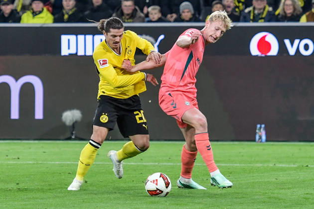 From left: Marcel Sabitzer (Dortmund 20) and Justin Njinmah (Bremen 11) in a one-on-one duel, September 10, 2026 ¢ Soccer ¢ Borussia Dortmund vs. SV Werder Bremen, Signal Iduna Park, Dortmund, DFB DFL regulations prohibit any use of photographs as image sequences and or quasi-video NRW Germany Copyright: xpepphotox xSaschaxWeizx pep00321, pep_20261009_sw