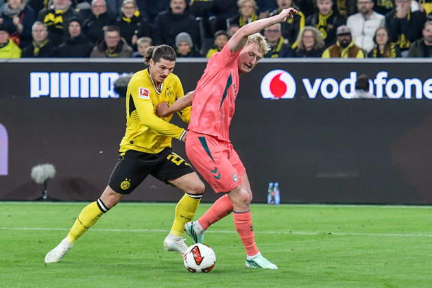 From left: Marcel Sabitzer (Dortmund 20) and Justin Njinmah (Bremen 11) in a one-on-one duel, September 10, 2026 ¢ Soccer ¢ Borussia Dortmund vs. SV Werder Bremen, Signal Iduna Park, Dortmund, DFB DFL regulations prohibit any use of photographs as image sequences and or quasi-video NRW Germany Copyright: xpepphotox xSaschaxWeizx pep00321, pep_20261009_sw