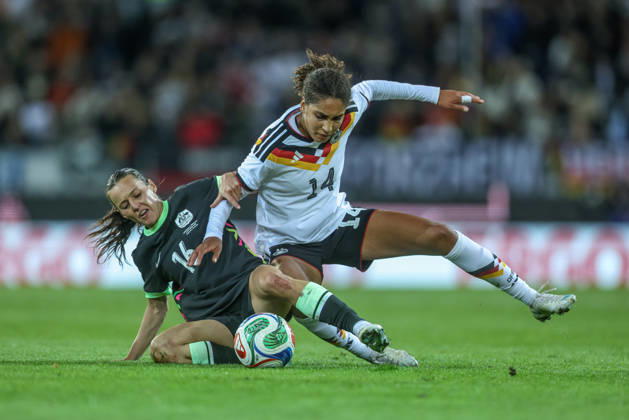 GER, Karlsruhe, Germany vs. Australia, FIFA, DFB, Soccer, 2026–2027 Season, BBBank Wildpark, Friendly Match: Pictured from left: Hayley Raso (Australia), No. 16, Cora Zicai, Germany, Women’s National Team, tackle. DFB and DFL regulations prohibit any use of photographs as image sequences and or quasi-video, September 10, 2026 Copyright: HMBxMedia HendrikxHamelau
