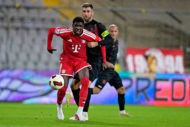 From left: Bastian Friedrich Assomo, Bayern Munich, FCB, 9 Alexander Winkler, Unterhaching, 4 in a one-on-one, duel, tackle, dynamic, action, 09 10 2026, Munich, Germany, soccer, Bavarian Regional League, FC Bayern Munich II vs. SpVgg Unterhaching xslx