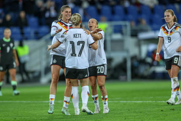 GER, Karlsruhe, Germany vs. Australia, FIFA, DFB, soccer, 2026–2027 season, BBBank Wildpark, friendly match—photo by Franziska Kett: Germany, Women’s National Team, goal, Celebration and Joy, Emotions for Melissa Kössler, Germany Women’s National Team, with Elisa Senß, Germany Women’s National Team, and Jule Brand, Germany Women’s National Team. DFB and DFL regulations prohibit any use of photographs as image sequences and or quasi-video. September 10, 2026 Copyright: HMBxMedia HendrikxHamelau