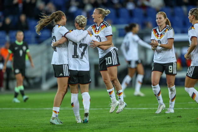 GER, Karlsruhe, Germany vs. Australia, FIFA, DFB, soccer, 2026–2027 season, BBBank Wildpark, friendly match—photo by Franziska Kett: Germany, Women’s National Team, goal, Celebration and Joy, Emotions for Melissa Kössler, Germany Women’s National Team, with Elisa Senß, Germany Women’s National Team, and Jule Brand, Germany Women’s National Team. DFB and DFL regulations prohibit any use of photographs as image sequences and or quasi-video. September 10, 2026 Copyright: HMBxMedia HendrikxHamelau