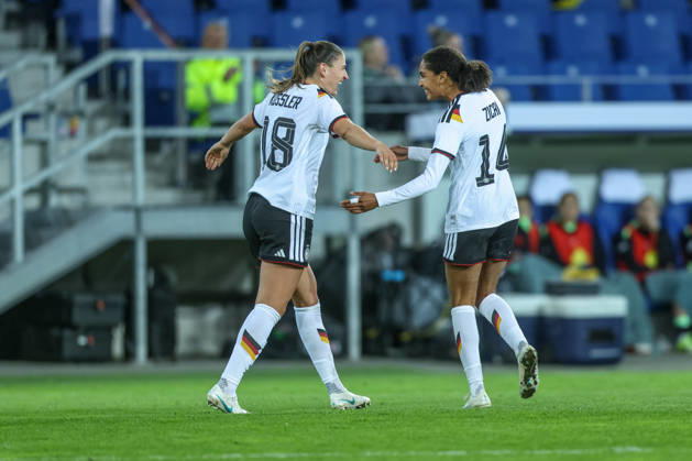 GER, Karlsruhe, Germany vs. Australia, FIFA, DFB, Soccer, 2026–2027 Season, BBBank Wildpark, Friendly Match: Melissa Kössler of Germany’s Women’s National Team Scores the 2–0 Goal, Celebration and joy, emotions with Cora Zicai, Germany Women’s National Team. DFB and DFL regulations prohibit any use of photographs as image sequences and or quasi-video. October 9, 2026 Copyright: HMBxMedia HendrikxHamelau