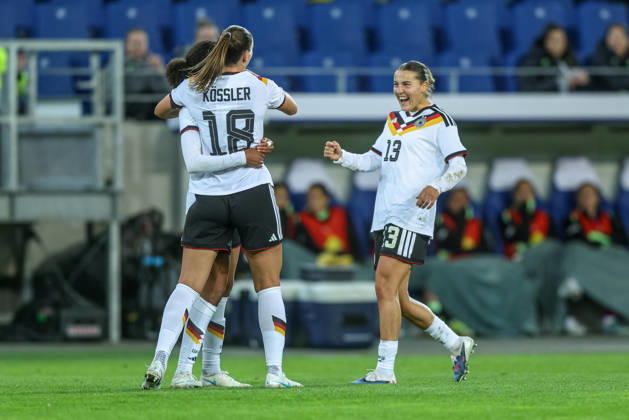GER, Karlsruhe, Germany vs. Australia, FIFA, DFB, soccer, 2026–2027 season, BBBank Wildpark, friendly match: Melissa Kössler of Germany’s women’s national team scores the 2–0 goal, Celebration and joy, emotions with Cora Zicai of Germany’s Women’s National Team and Carlotta Wamser of Germany’s Women’s National Team. DFB and DFL regulations prohibit any use of photographs as image sequences and or quasi-video, September 10, 2026 Copyright: HMBxMedia HendrikxHamelau