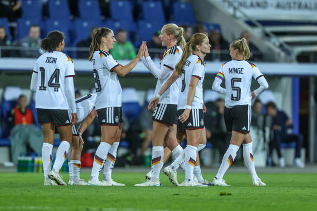 GER, Karlsruhe, Germany vs. Australia, FIFA, DFB, soccer, 2026–2027 season, BBBank Wildpark, friendly match: Melissa Kössler of Germany’s women’s national team scores the 2–0 goal, Celebration and joy, emotions with Cora Zicai, Germany Women’s National Team. DFB and DFL regulations prohibit any use of photographs as image sequences and or quasi-video. October 9, 2026 Copyright: HMBxMedia HendrikxHamelau