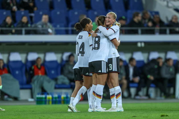 GER, Karlsruhe, Germany vs. Australia, FIFA, DFB, soccer, 2026–2027 season, BBBank Wildpark, friendly match: Melissa Kössler of Germany’s women’s national team scores the 2–0 goal, Celebration and joy, emotions with Cora Zicai of Germany’s Women’s National Team and Camilla Küver of Germany’s Women’s National Team. DFB and DFL regulations prohibit any use of photographs as image sequences and or quasi-video, October 9, 2026 Copyright: HMBxMedia HendrikxHamelau