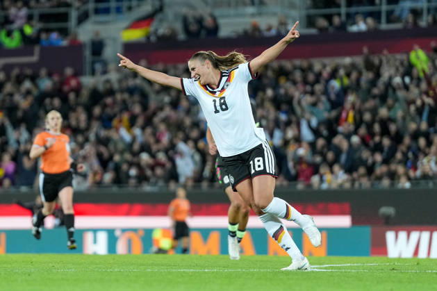 Melissa Kössler Melissa Koessler Germany Women s National Team, 18 goal celebration, emotions, shot on goal, finish, goal scored, goal, hit, Germany, soccer, international match, friendly match, exhibition match, 2026 2027, Germany vs. Australia, October 9, 2026, BBBank Wildpark, Karlsruhe, Karlsruhe, BBBank Wildpark, Baden-Württemberg, Germany Copyright: xArnexAmbergx