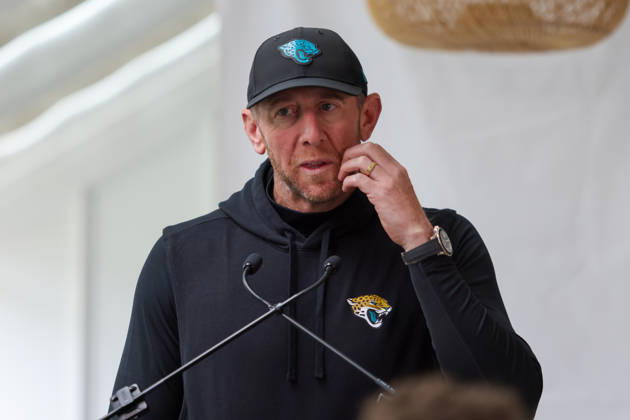 CHADLER’S CROSS, ENGLAND - October 9th: Head Coach Liam Coan of the Jacksonville Jaguars media Q&A during the Jacksonville Jaguars training session at The Grove on October 9, 2026 in Chandler’s Cross, England on October 9th 2026, in Hertfordshire England. Copyright: xPhillipxRockerx xSPPx Sportspressphoto_SPR249805